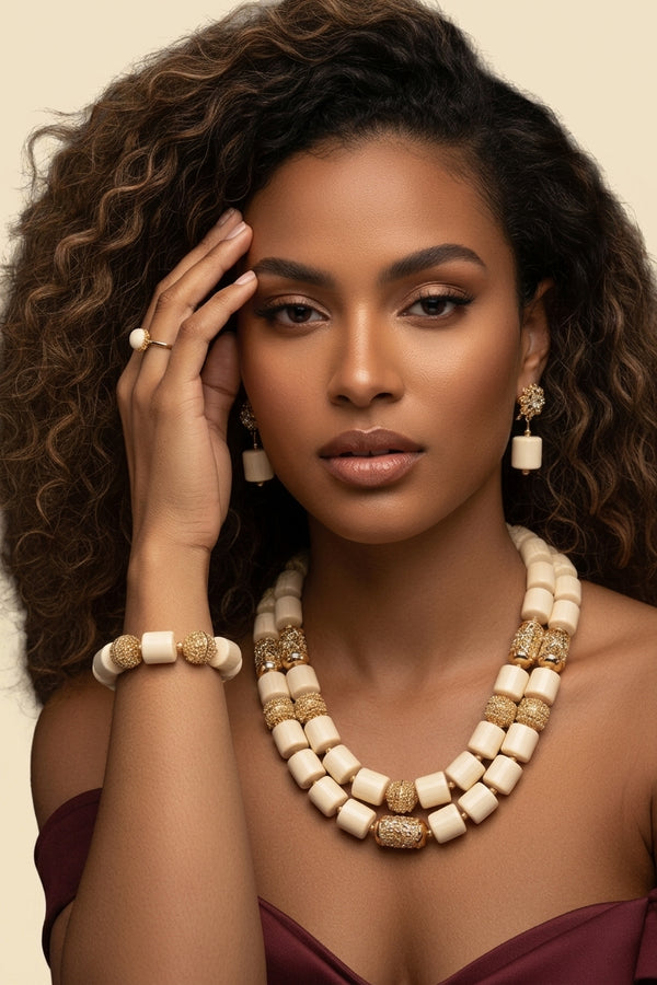 African Bead Jewelry Set - Statement Accessory in Ivory 1