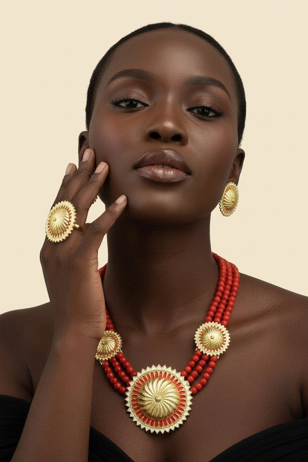 Colorful African Bead Jewelry - Bold Statement Set in Orange