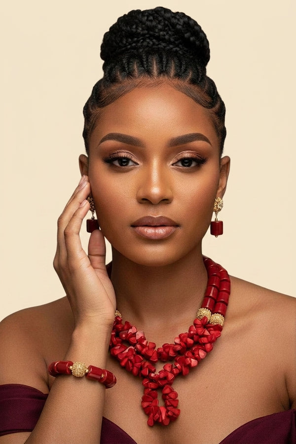 Red Coral Bead Jewelry Set - African Wedding Style in Red 1