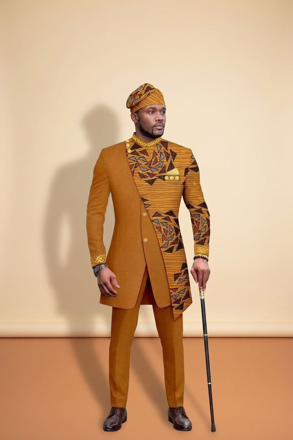 African Batik Print Suit - Men's Wedding 2-Piece in Mustard