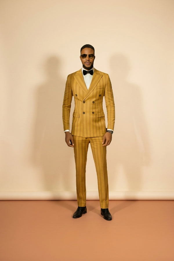 Gold Jacquard 2-Piece Suit - Men's Double Breasted