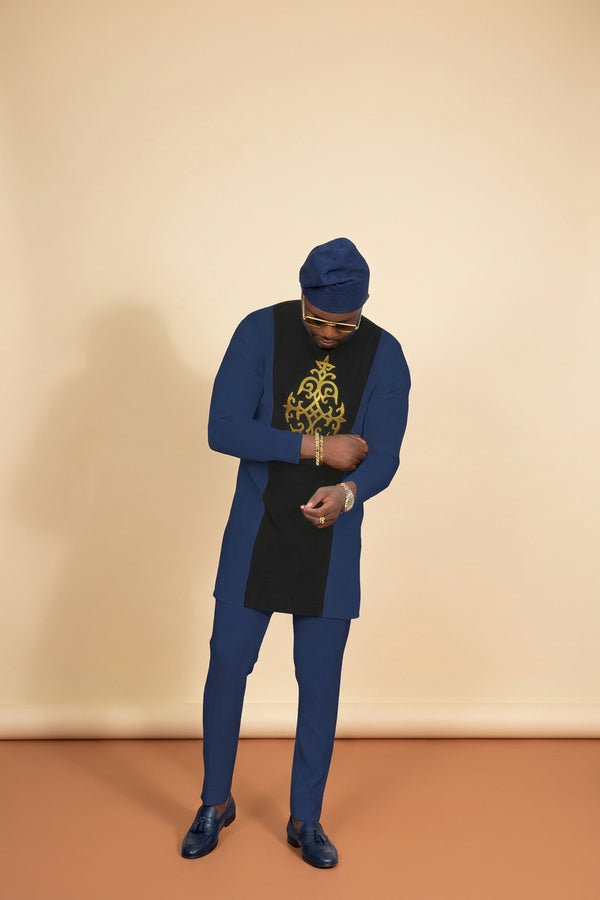 Men's Long-Sleeve Smart Set - White & Yellow in Navy Blue