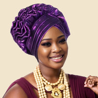 Ruffle Silk Auto Gele - Pre-Tied African Headwrap in Purple