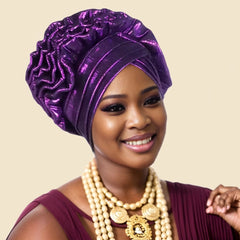 Ruffle Silk Auto Gele - Pre-Tied African Headwrap in Purple