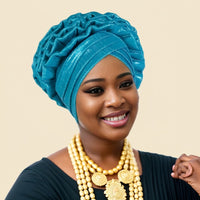 Ruffle Silk Auto Gele - Pre-Tied African Headwrap in Lake Blue