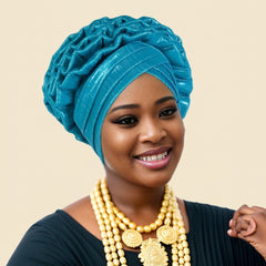 Ruffle Silk Auto Gele - Pre-Tied African Headwrap in Lake Blue