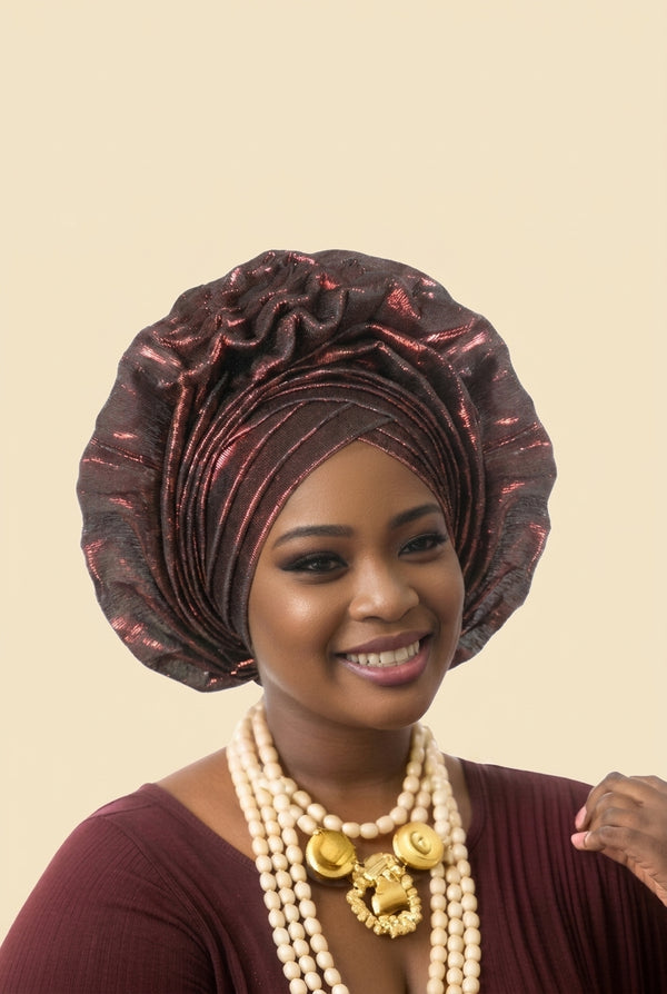 Ruffle Silk Auto Gele - Pre-Tied African Headwrap in Wine Red