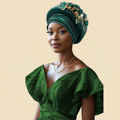 Floral Bouquet Auto Gele - Pre-Tied African Headwrap in Green