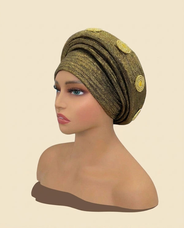 Gold Medallion Auto Gele - Pre-Tied Turban Headwrap in Gold II