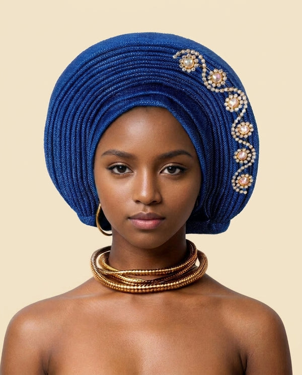 Crystal Trim Auto Gele - Pre-Tied African Headwrap in Royal Blue