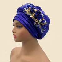 Bouquet Turban Auto Gele - Pre-Tied African Headwrap in Royal Blue