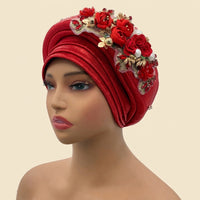 Bouquet Turban Auto Gele - Pre-Tied African Headwrap in Red