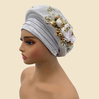 Bouquet Turban Auto Gele - Pre-Tied African Headwrap in Silver