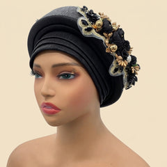 Bouquet Turban Auto Gele - Pre-Tied African Headwrap in Black
