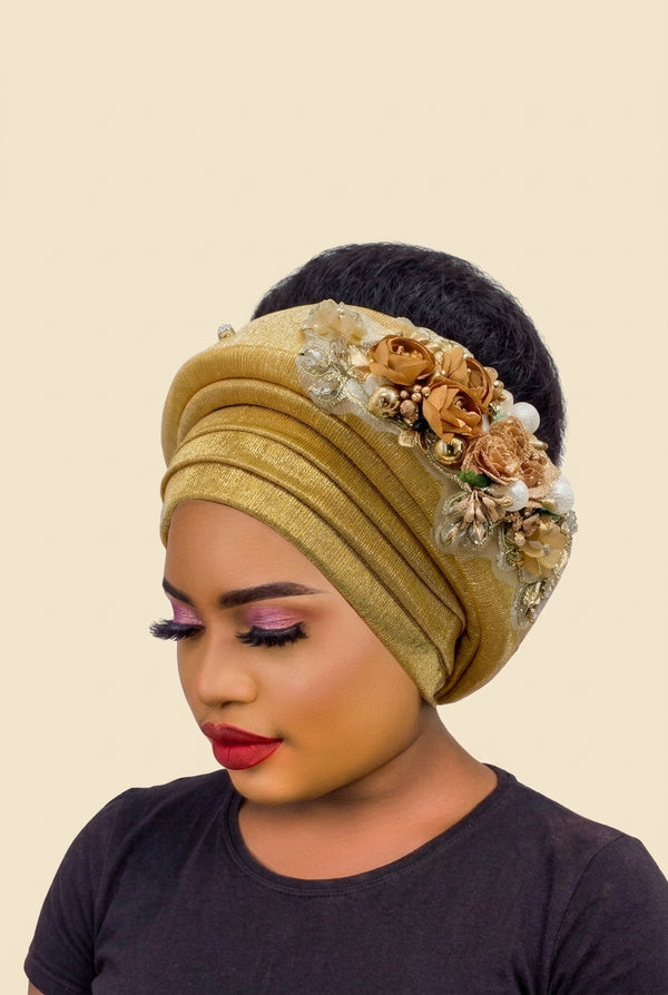 Bouquet Turban Auto Gele - Pre-Tied African Headwrap in Gold