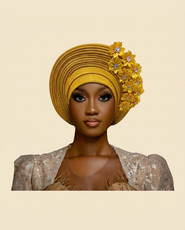 Pre-Tied Auto-Gele - Gold Floral - view 2