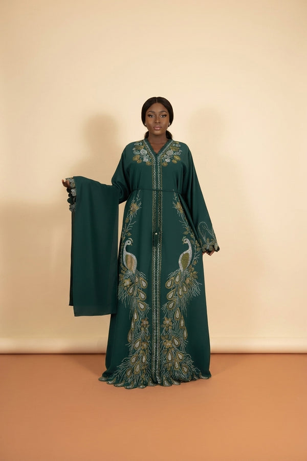 Emerald Green peacock embroidered boubou kaftan with matching shawl, worn by a model