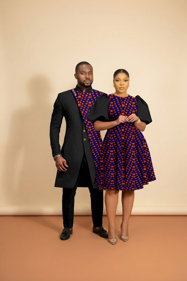 His and Hers Matching Ankara Outfit, black with orange and navy print