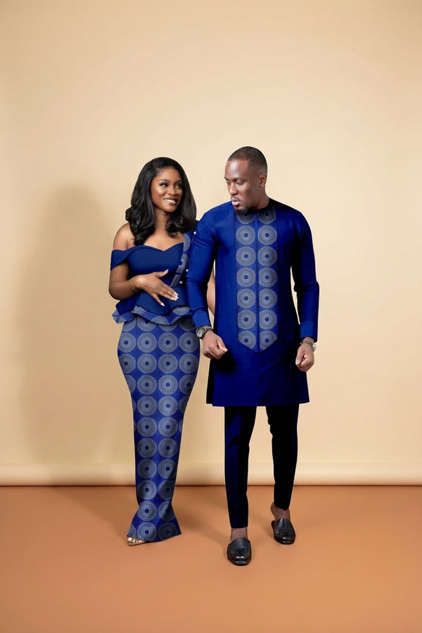 His and Hers Ankara Gown and Shirt Set, navy circle print couple look