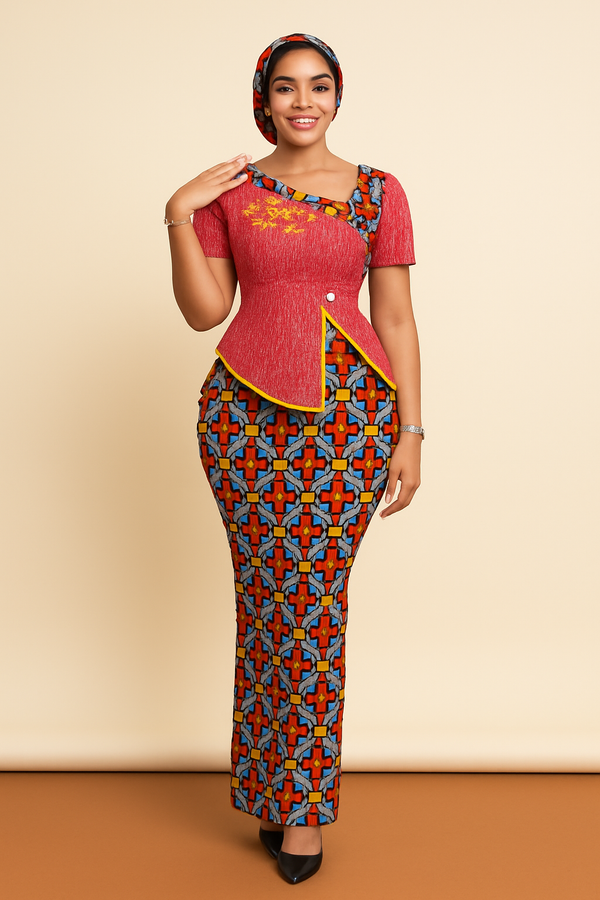 Ankara Peplum Top & Skirt Set with Headwrap