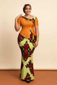 Ankara Peplum Top & Skirt Set with Headwrap