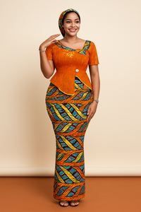 Ankara Peplum Top & Skirt Set with Headwrap
