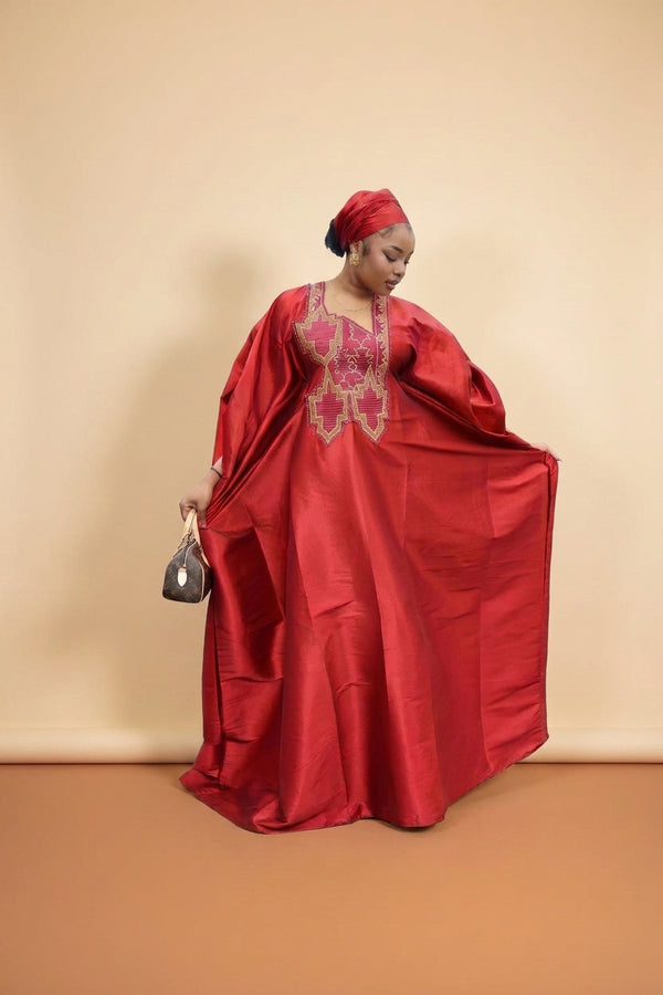 Women's Embroidered Boubou, one size, red with gold neckline embroidery