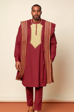 Men's Red Agbada Suit – Embroidered Robe
