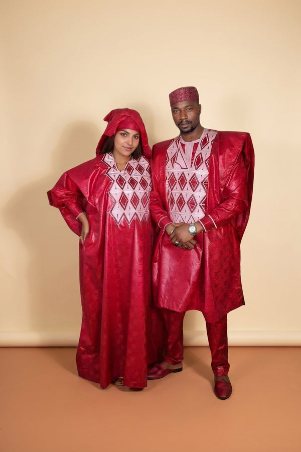 His and Hers Agbada Set, 3-piece red bazin with embroidery, couple full look