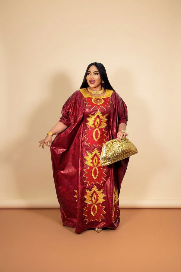 Women's Embroidered Abaya Gown, plus size, maroon with gold embroidery
