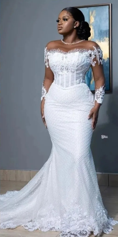 White Mermaid Wedding Gown – Sheer Sleeve