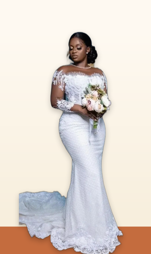 White Mermaid Wedding Gown – Sheer Sleeve
