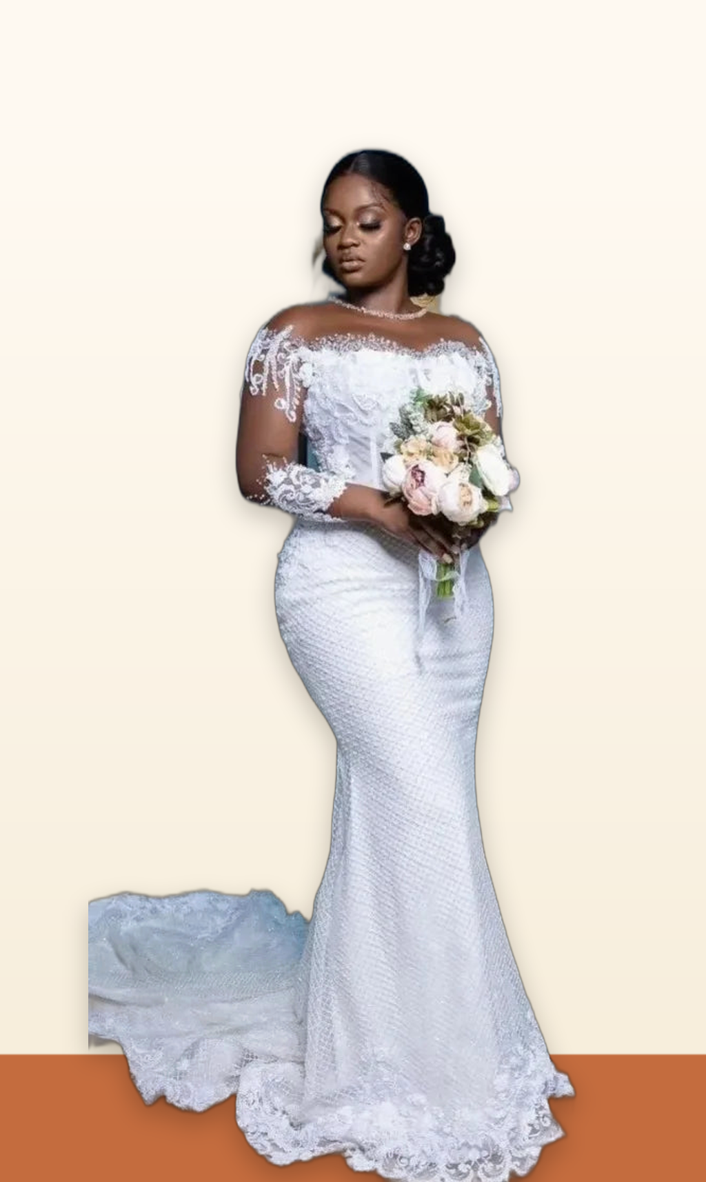 White Mermaid Wedding Gown – Sheer Sleeve