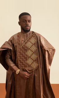 Men's Grand Bazin Agbada – Brown 3-Piece
