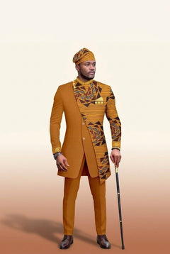 African Batik Print Suit - Men's Wedding 2-Piece in Mustard