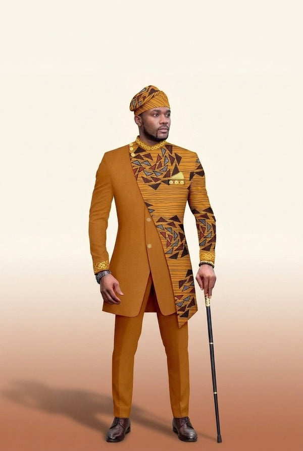 African Batik Print Suit - Men's Wedding 2-Piece in Mustard