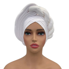 White raw silk pre-tied auto gele head wrap