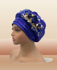 Bouquet Turban Auto Gele - Pre-Tied African Headwrap in Royal Blue