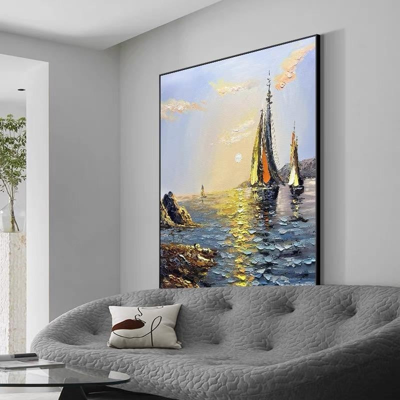 Sea Boat Handmade Painting Artwork Oil Paintings Living Room Canvas