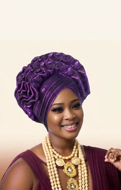 Ruffle Silk Auto Gele - Pre-Tied African Headwrap in Purple
