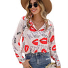Womens Printed Stand Collar Long Sleeve Shirt Ladies Top