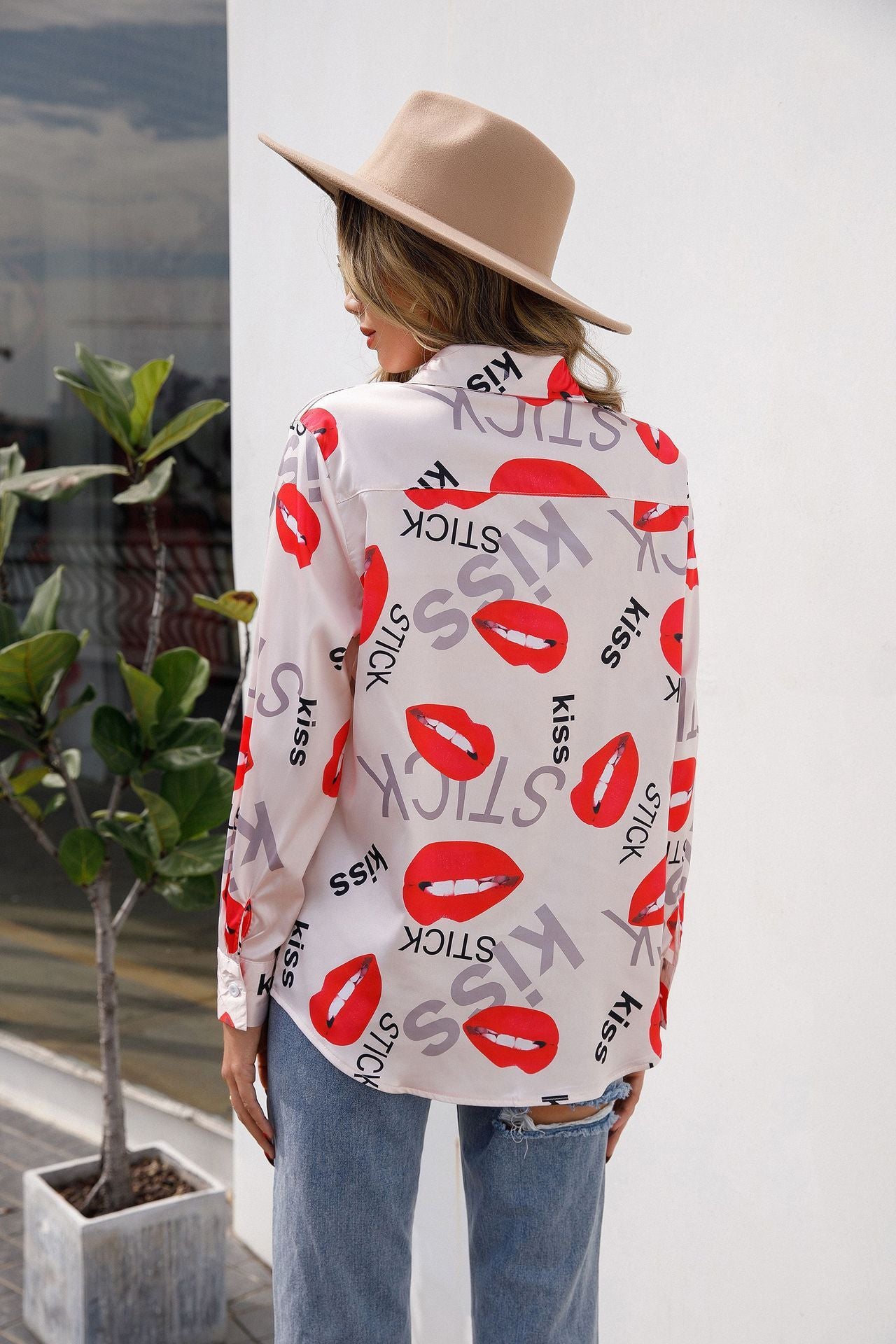 Womens Printed Stand Collar Long Sleeve Shirt Ladies Top