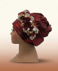 Bouquet Turban Auto Gele - Pre-Tied African Headwrap in Wine Red