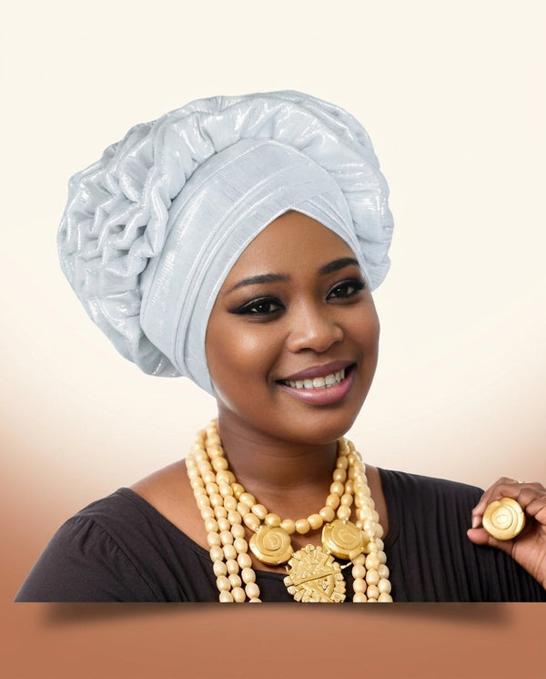 Ruffle Silk Auto Gele - Pre-Tied African Headwrap in White