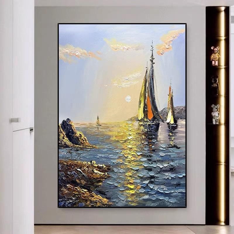 Sea Boat Handmade Painting Artwork Oil Paintings Living Room Canvas