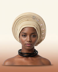 Crystal Trim Auto Gele - Pre-Tied African Headwrap in Light Khaki