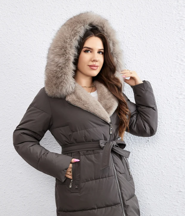New Plus Size Winter Down Jacket for Women Long Cotton With Fur Belt Lapel Coat
