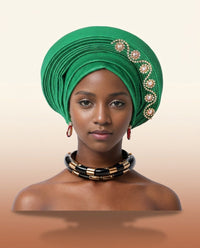 Crystal Trim Auto Gele - Pre-Tied African Headwrap in Green