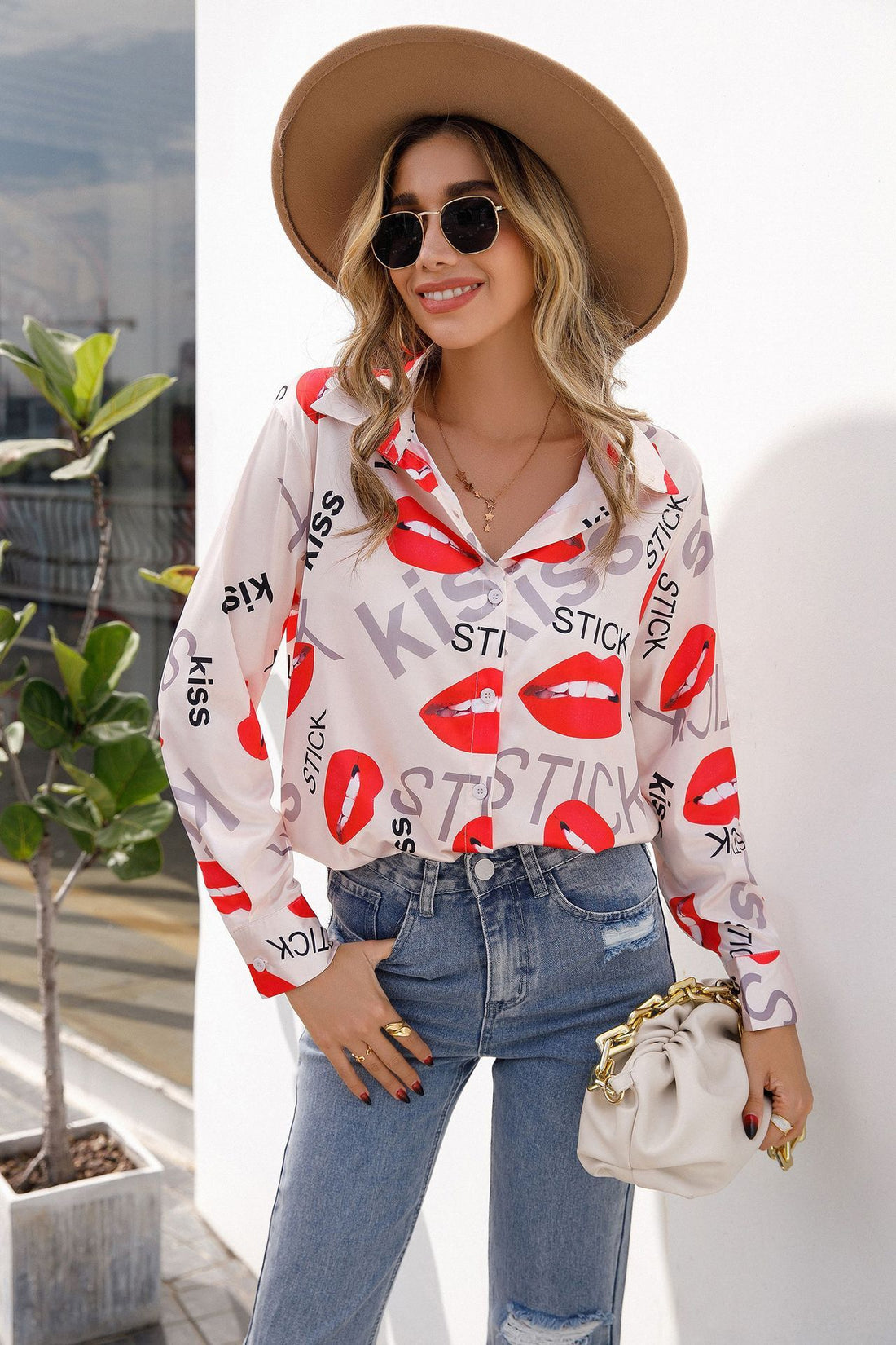 Womens Printed Stand Collar Long Sleeve Shirt Ladies Top