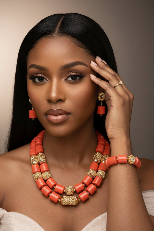 Dubai African Bead Jewelry Set - Gold Wedding in Coral 1